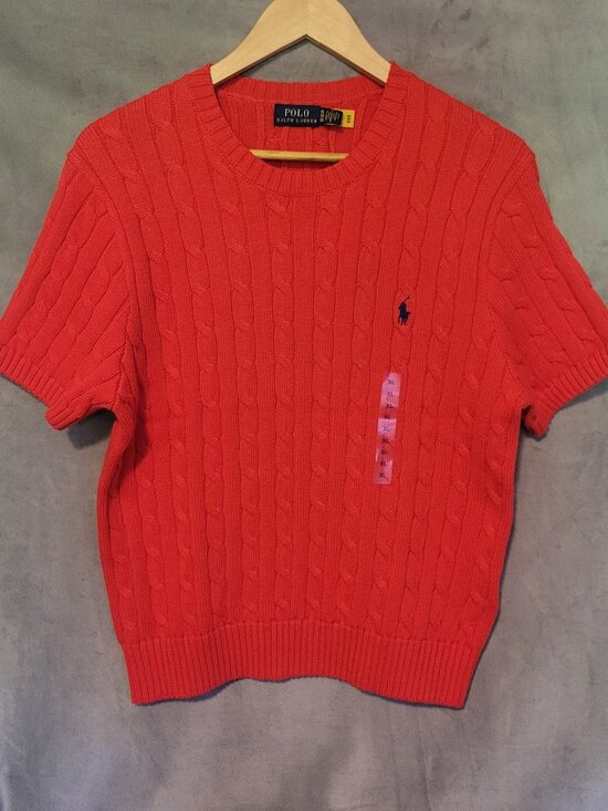 Polo Ralph Lauren Tops - Polo Ralph Lauren Salmon Red Cable-Knit Short Sleeve Crew Pullover Sweater L/XL